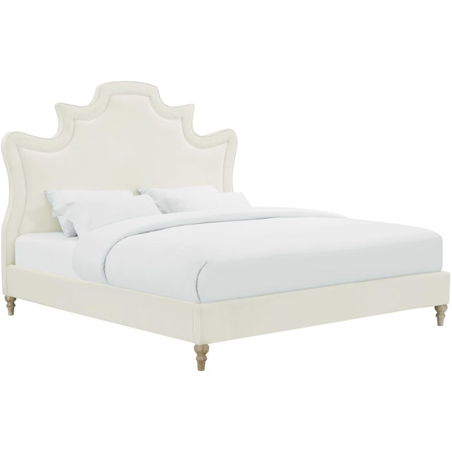 Wood Serenity Cream Velvet Queen Bed For Sale - Image 7 of 7