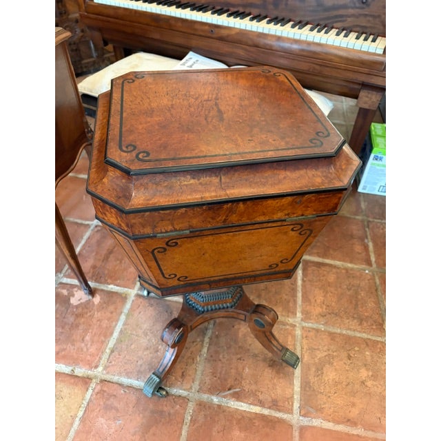 Ebony Antique English Regency Period Amboyna Wood Tea Caddy ( Poy ) on Stand For Sale - Image 8 of 9