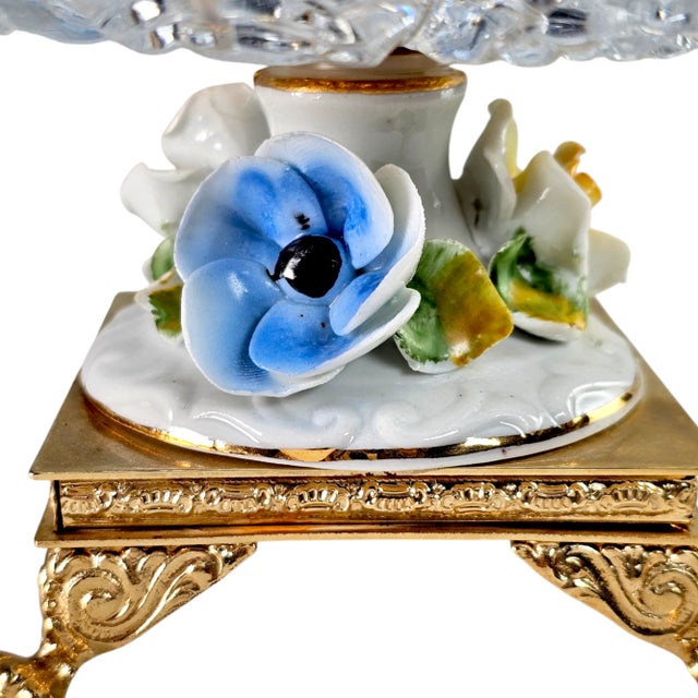 Baroque Regency Crystal & Gilded Metal Pedestal Ashtray – Cherub & Porcelain Flowers For Sale - Image 9 of 12