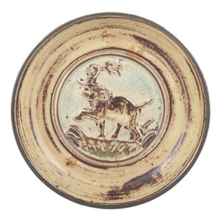 Round Stoneware Dish with Relief of Elephant by Knud Kyhn for Royal Copenhagen, 1970s For Sale