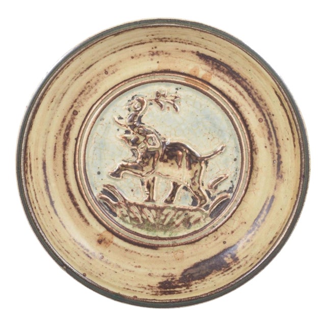 Round Stoneware Dish with Relief of Elephant by Knud Kyhn for Royal Copenhagen, 1970s For Sale