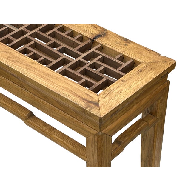 Oriental Ming Style Lattice Panel Inset Light Tan Brown Wood Bench Table For Sale - Image 9 of 12