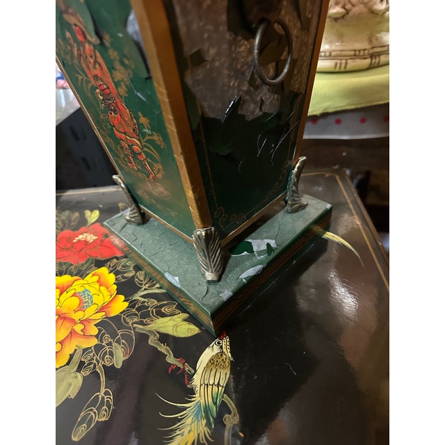 Up for consideration is a beautiful vintage Asian green metal table lamp with red figure accents. This is such a lovely...