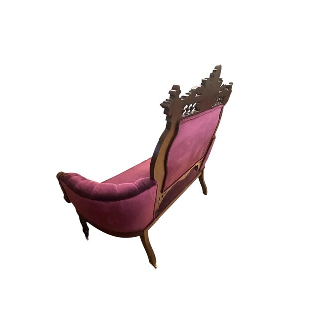 Antique Victorian Eastlake Style 3 Piece Ornate Carved Walnut Parlor Set Newly Reupholstered in a Purple Velvet For Sale - Image 17 of 17