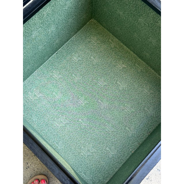 Silver Sarreid Style Silver and Gold Tin Covered Trunk Drinks Table With Button Feet and Paper Lined Interior For Sale - Image 8 of 12