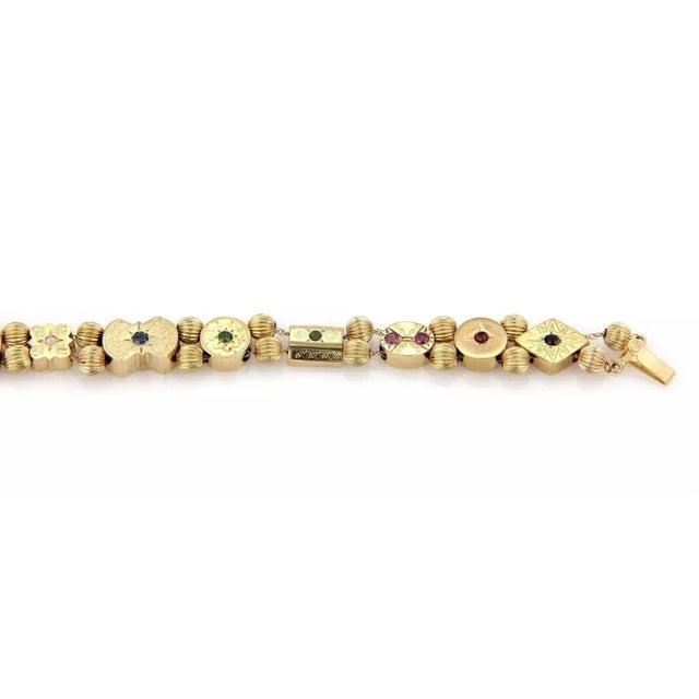 Late 20th Century Multi-Color Gems 14k Yellow Gold 11 Slide Charms Bracelet For Sale - Image 4 of 5