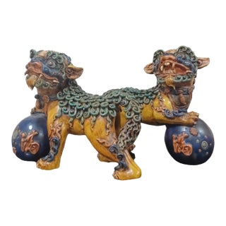 Vintage Polychrome Pair of Clay Foo Dogs For Sale