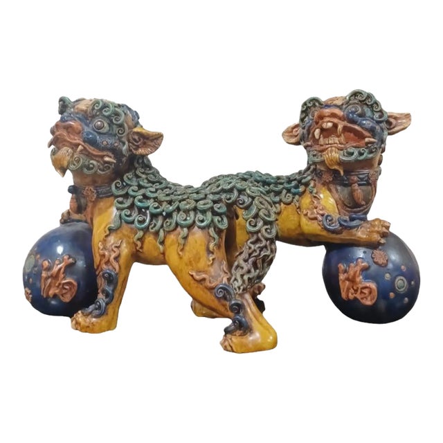 Vintage Polychrome Pair of Clay Foo Dogs For Sale