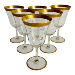 Vintage Gold Rimmed Wine Glasses Tiffin Leaf Water Goblets Tiffin Set of 6