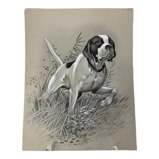 1940s Original Signed Graphite Illustration of Pointer Hunting Dog, 11.75 × 9 In. For Sale