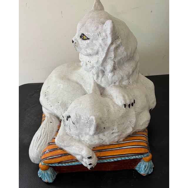 1960s Monumental Italian Majolica Terracotta Mother Cat & Sleeping Kitten Sculpture on Striped Cushion, 22 Inches Wide For Sale - Image 5 of 12