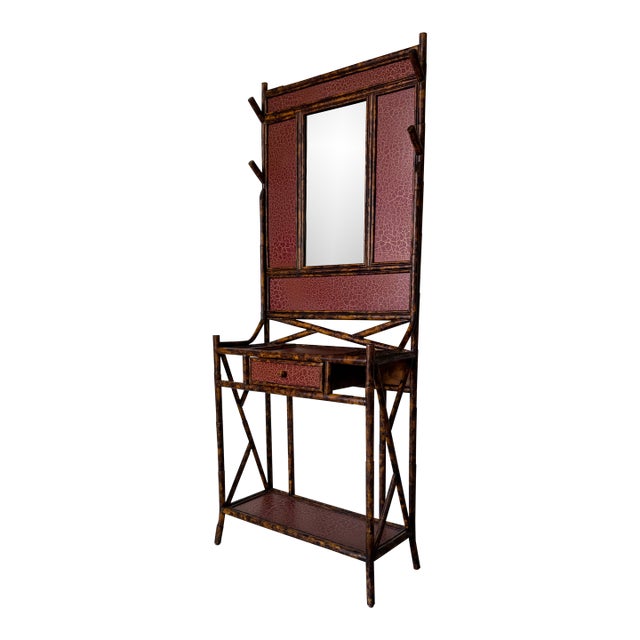 Vintage Maitland-Smith English Style Burnt Bamboo Hall Tree / Coat Rack With Mirror/Sold For Sale