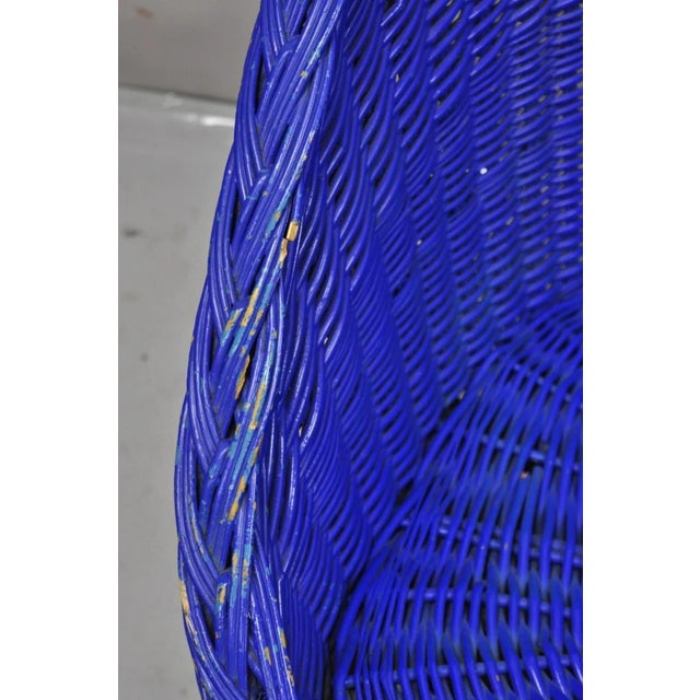 Vintage Mid Century Modern Blue Painted Wicker Rattan Pod Club Chairs - A Pair For Sale - Image 4 of 12