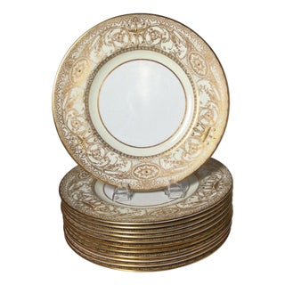 Set of 12 English Raised Gilt Porcelain Dinner Service Plates For Sale