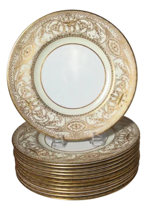 Set of 12 English Raised Gilt Porcelain Dinner Service Plates