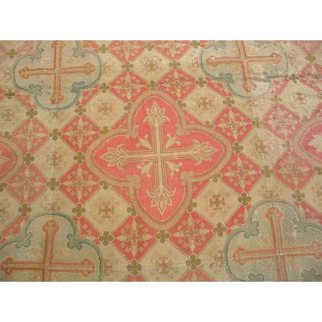 Late 19th Century 1870s Pink Cross Diamond Antique French Needlepoint Rug 14'4" X 18'8" Flatweave Wool Carpet For Sale - Image 5 of 6