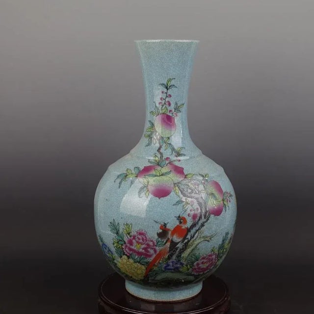 Chinese Vintage Porcelain Vase Qing Dynasty Qianlong Marked Crackle Glaze Famille Verte Porcelain Vase Hand Painted Longevity Peach Pattern For Sale In Seattle - Image 6 of 8