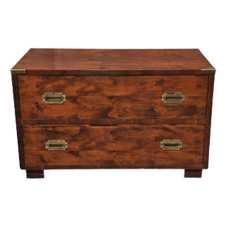 West Michigan Furniture Co Yew Wood Campaign Style and Brass Mounted Low Chest For Sale