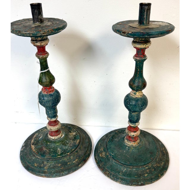 Pair Tuscan Polychrome Wooden Altar Candlesticks, Worn Patina, 18th / 19th C. For Sale - Image 17 of 17
