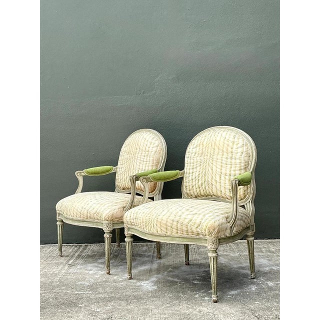 Vintage Louis XVI Style Printed Swag Armchairs - Pair For Sale - Image 9 of 12
