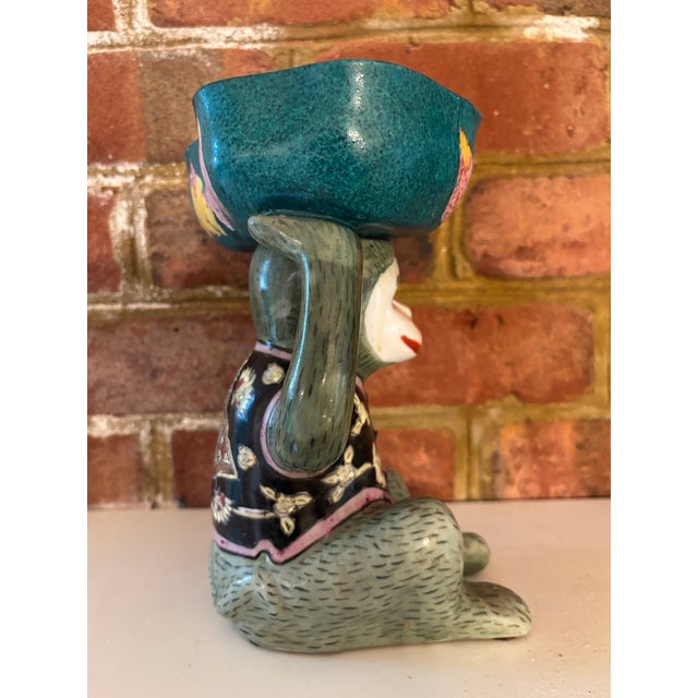 Chinese Mid 20th Century Chinese Porcelain Monkey in Floral Vest Holding a Lotus Bowl For Sale - Image 3 of 12