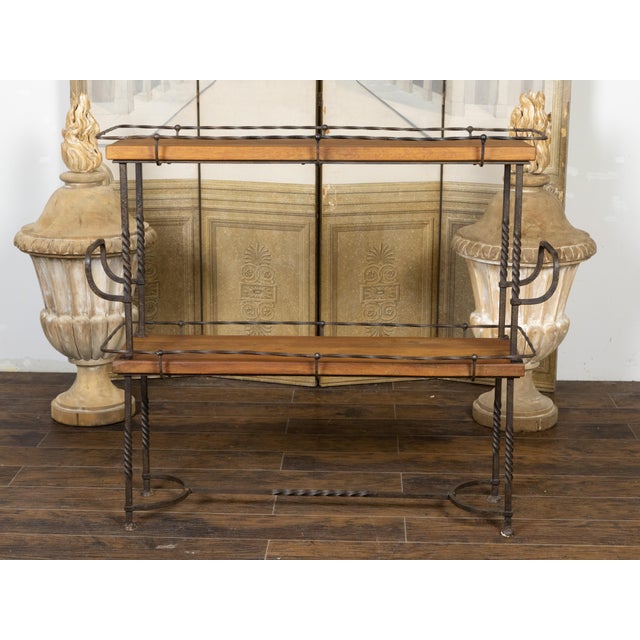 Mid 20th Century American Midcentury Metal and Wood Two-Tiered Shelving Unit with Twisted Motifs For Sale - Image 5 of 12