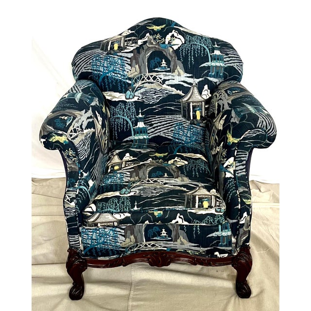 Art Deco 1920s Newly Reupholstered Linen Chinoiserie Club Chair For Sale - Image 3 of 6