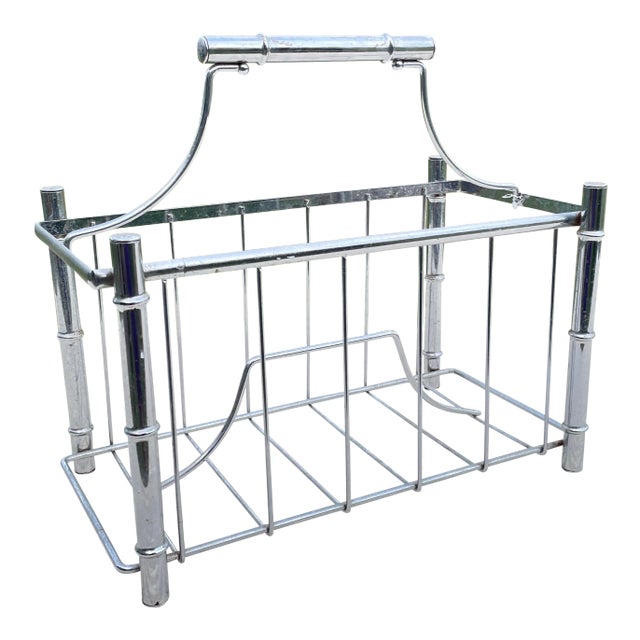 1970s Hollywood Regency Faux Bamboo Chrome Magazine Holder For Sale