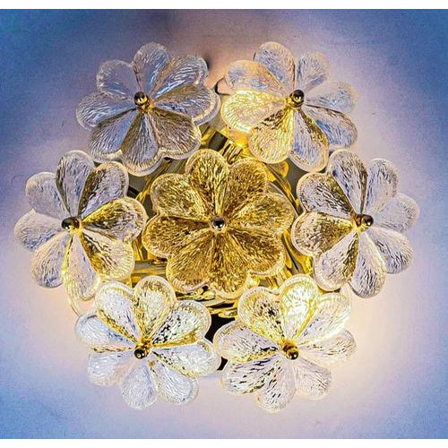 Hollywood Regency Floral Flush Mounts with Murano Glass Flowers by Ernst Palme for Palwa, Germany, 1970s, Set of 2 For Sale - Image 3 of 8