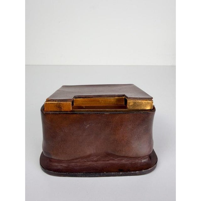 Wood Vintage Italian Leather and Gilt Aluminum Cigarette Dispenser Box in the style of Jacques Adnet, 1950s For Sale - Image 7 of 18