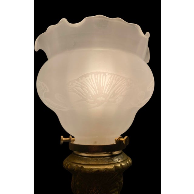 Vintage French Gilt Brass Candlestick Lamp With Frosted Etched Ruffled Shade For Sale - Image 6 of 10