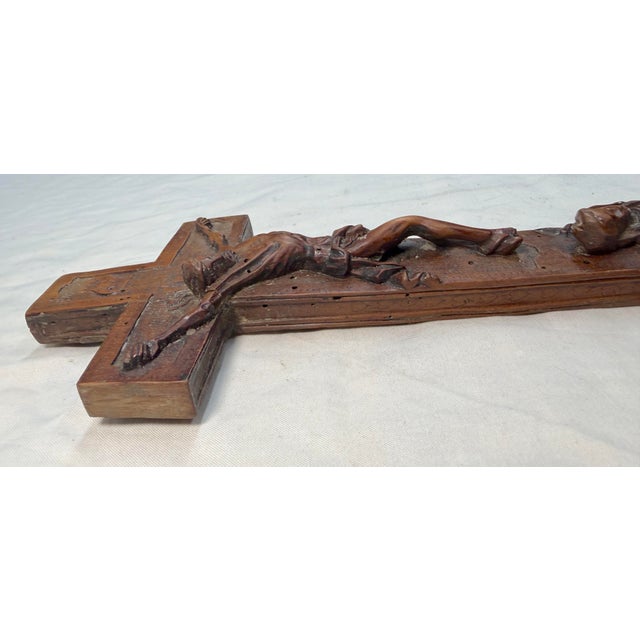 Brown Antique 1700's Hand Carved Wood Religious Jesus Christ Crucified Cross Sculpture For Sale - Image 8 of 14