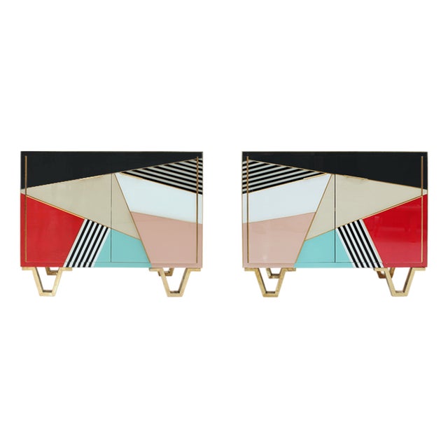 Italian Colored-Glass Sideboards with Wood Structure, 1950s, Set of 2 For Sale