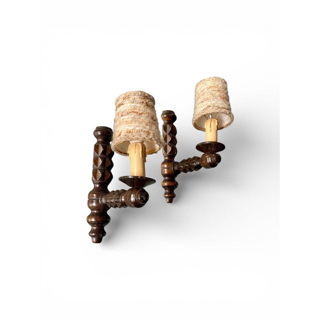 Turned Wood Wall Sconces in the style of Dudouyt, 1940, Set of 2 For Sale - Image 10 of 10
