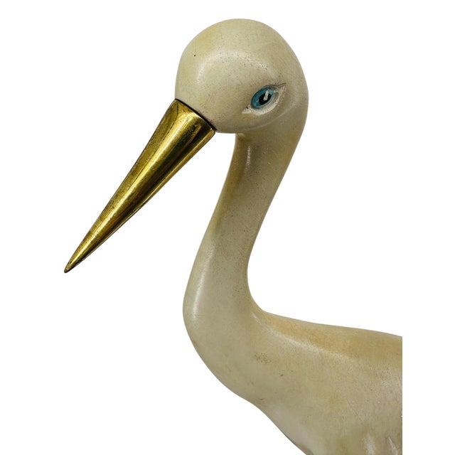 Large Vintage 1970s Carved Wood Brass Crane Heron Egret Statue 28.5" MCM Hollywood Regency Coastal Decor For Sale - Image 4 of 12