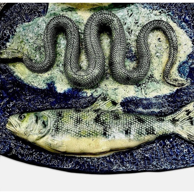 French Antique François Maurice French Palissy Majolica Snake Fish Platter Plaque 1880 For Sale - Image 3 of 12