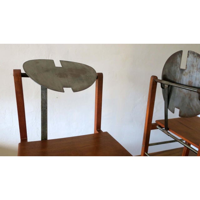 Mid-Century Brutalist Teak and Patinated Steel Dining Table & Chairs, Set of 7 For Sale - Image 4 of 18