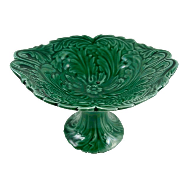 Acanthus Leaf Green Glazed English Majolica Pedestal Vide-Poche For Sale