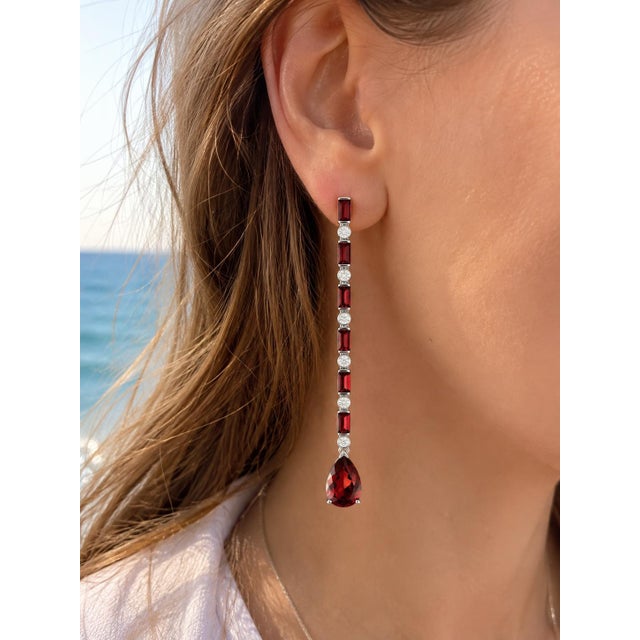 Garnet Long Drop Earrings, Silver, Gold, Pair For Sale - Image 4 of 8