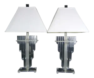 1970s Vintage Hollywood Regency Lucite Shield Form Lamps - a Pair
