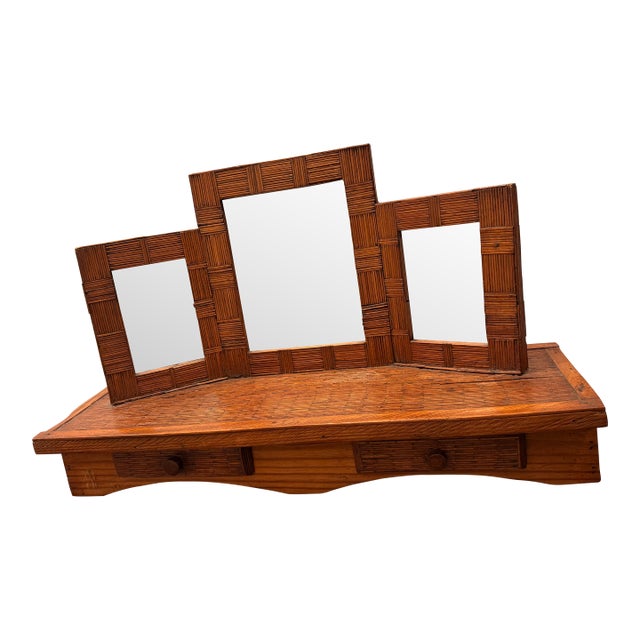 1940s Tramp Art Matchstick Vanity Dresser With Mirror & Drawers For Sale