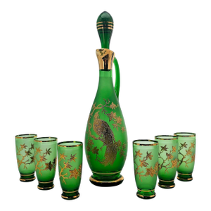 Mid 20th Century Mid-Century Modern Frosted Emerald Glass Decanter Set With Gilt Pheasant Motif, 15" - Set of 7