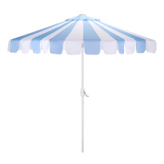 Meze 9 Ft Crank Umbrella, Baby Blue Cabana Stripe/White Pole For Sale