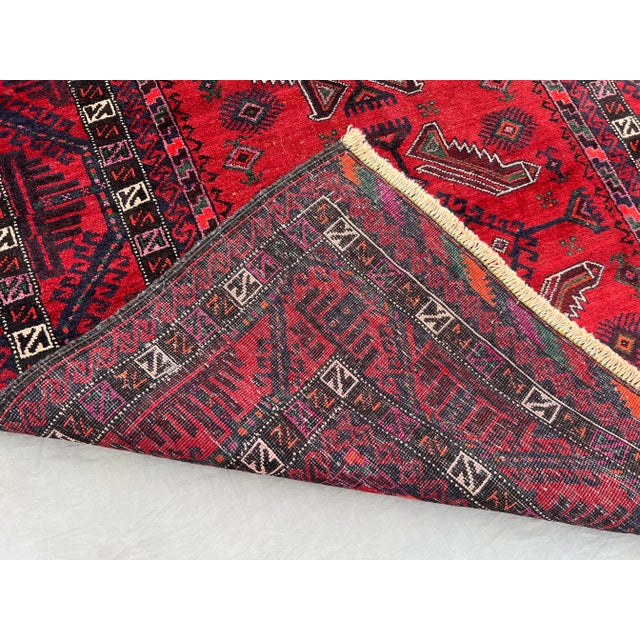 3'10" X 7'10" Vintage Afghan Hand-Knotted Baluchi Rug, Red Tribal Geometric Kitchen Rug For Sale - Image 12 of 12