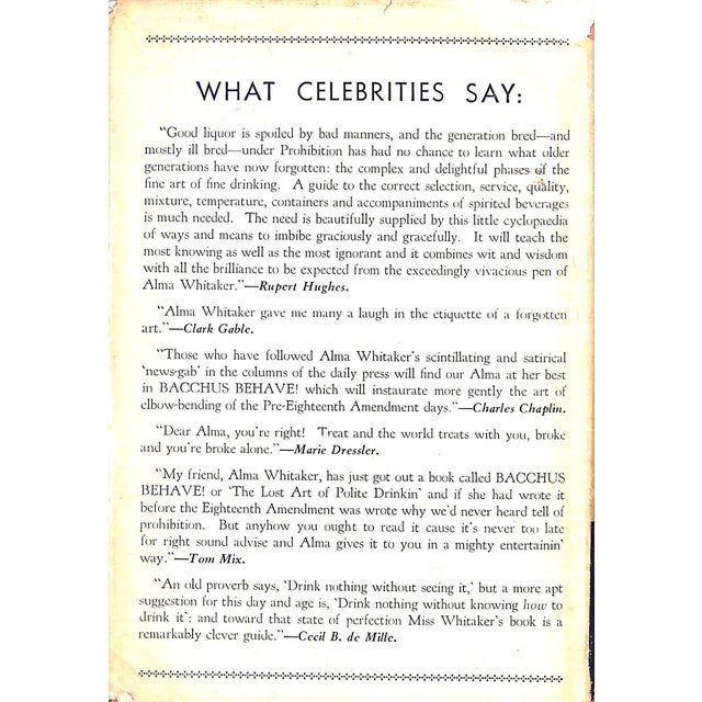 1930s "Bacchus Behave! The Lost Art of Polite Drinking" 1933 Whitaker, Alma (Inscribed) For Sale - Image 5 of 7