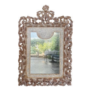 Grand Venetian Style Wood Carved Floor or Wall Architectural Mirror in Distressed Whitewash For Sale