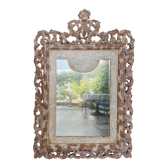 Grand Venetian Style Wood Carved Floor or Wall Architectural Mirror in Distressed Whitewash For Sale