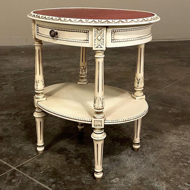 Antique French Louis XVI Painted Oval Side Table With Leather Top For Sale - Image 9 of 17