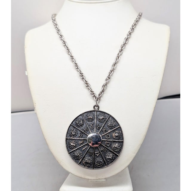 Napier Vintage 1970s Signed Napier Silvertone Round Horoscope Pendant Necklace For Sale - Image 4 of 18