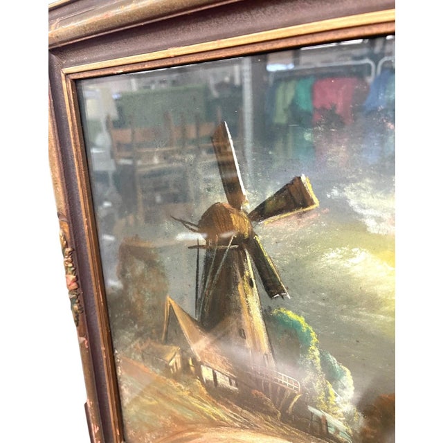 Vintage Framed Moonlit Windmill Landscape Painting With Coastal Harbor Scene. For Sale - Image 9 of 10